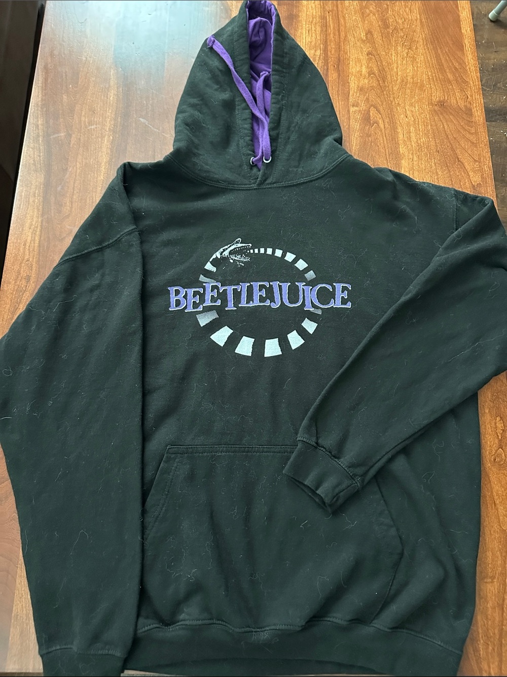 Beetlejuice Graphic Hoodie in Black with Purple Accents